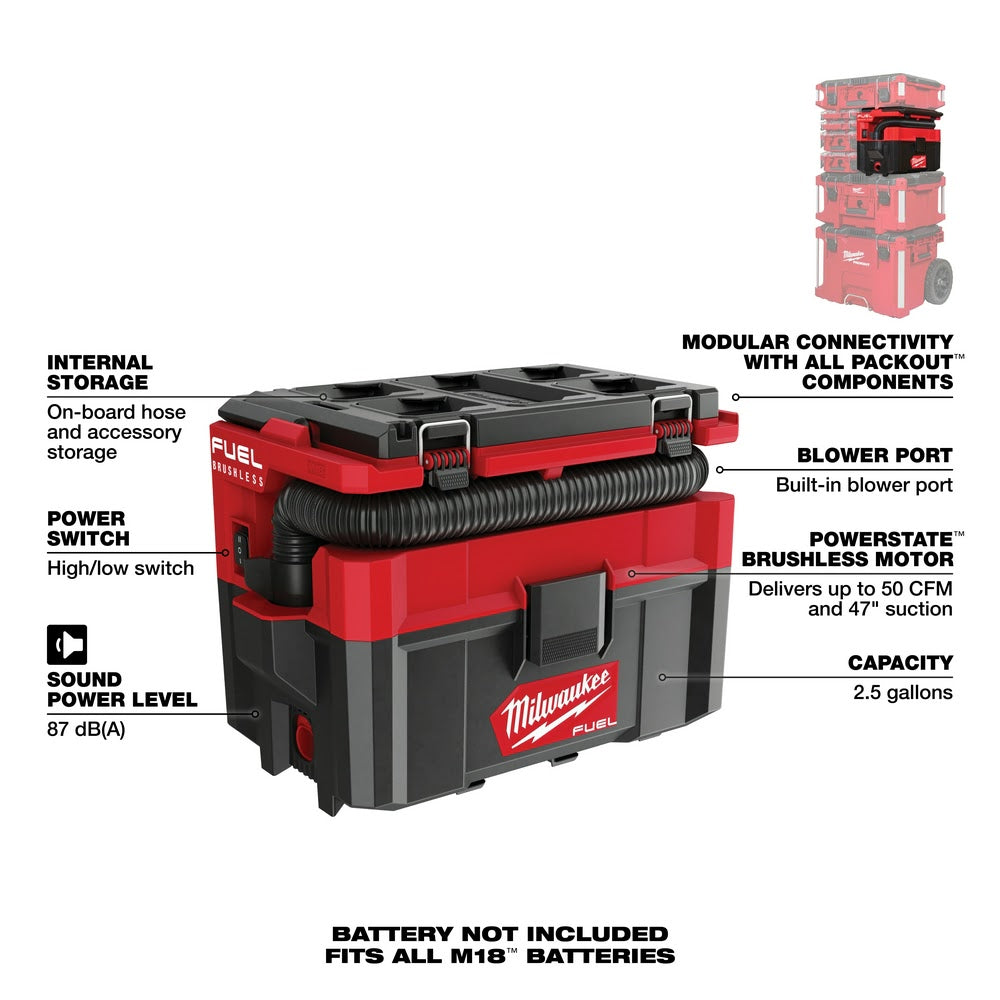 Milwaukee  0970-20 M18 FUEL PACKOUT 2.5 Gallon Wet/Dry Vacuum, Bare